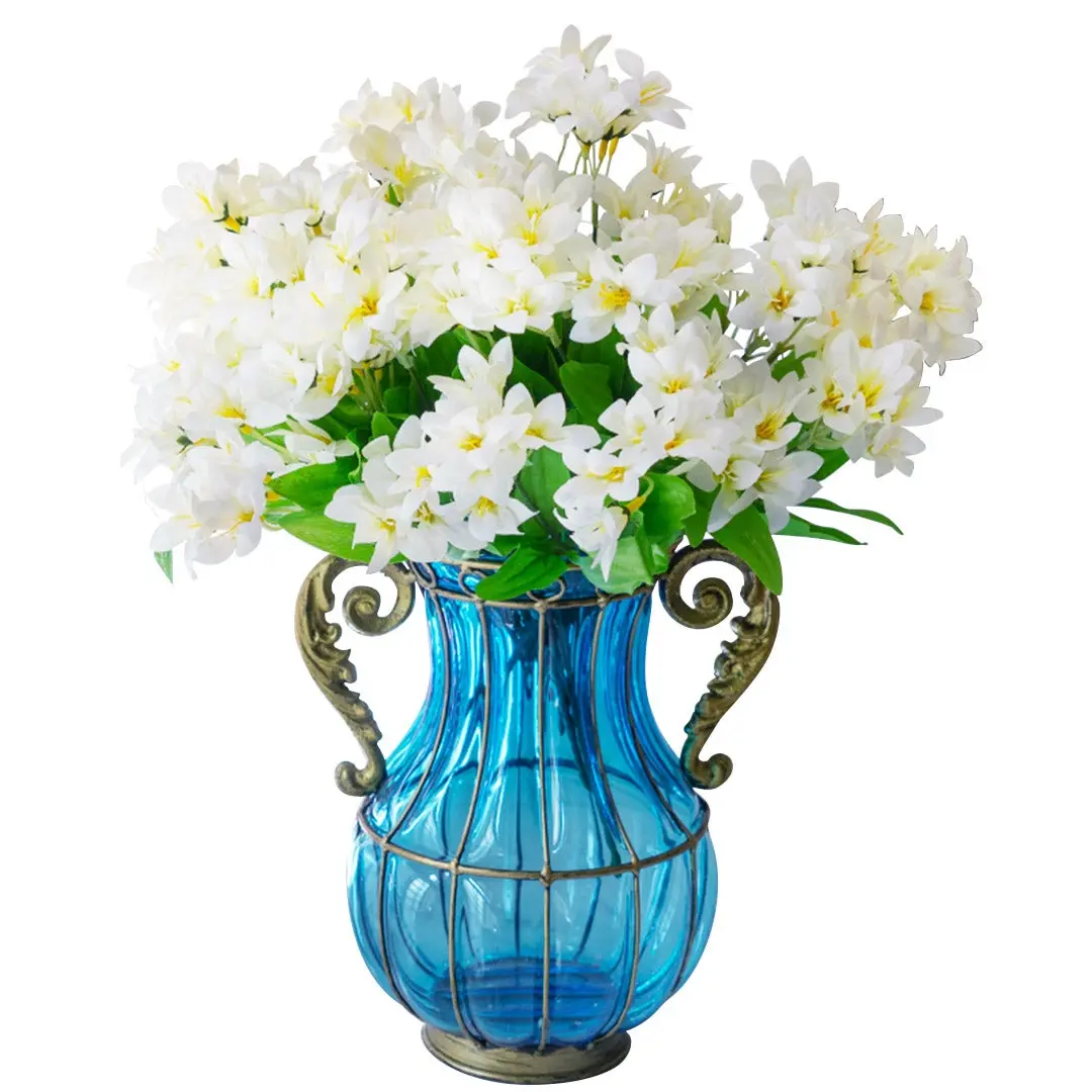 SOGA Blue Colored Glass Flower Vase with 10 Bunch 6 Heads Artificial Fake Silk Lilium nanum Home Decor Set - Furniture
