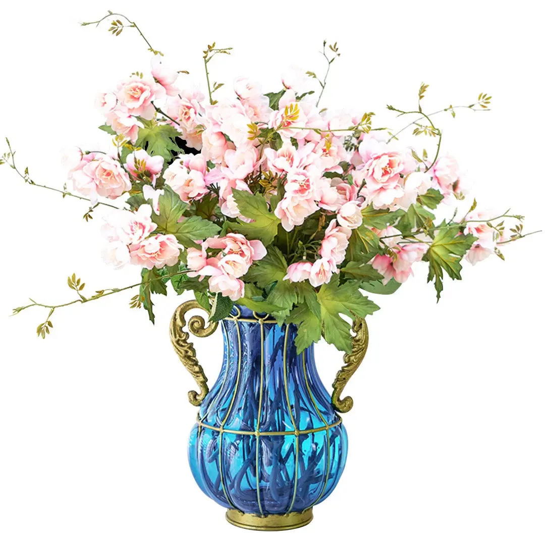SOGA Blue Colored Glass Flower Vase with 8 Bunch 3 Heads Artificial Fake Silk Hibiscus Home Decor Set - Furniture