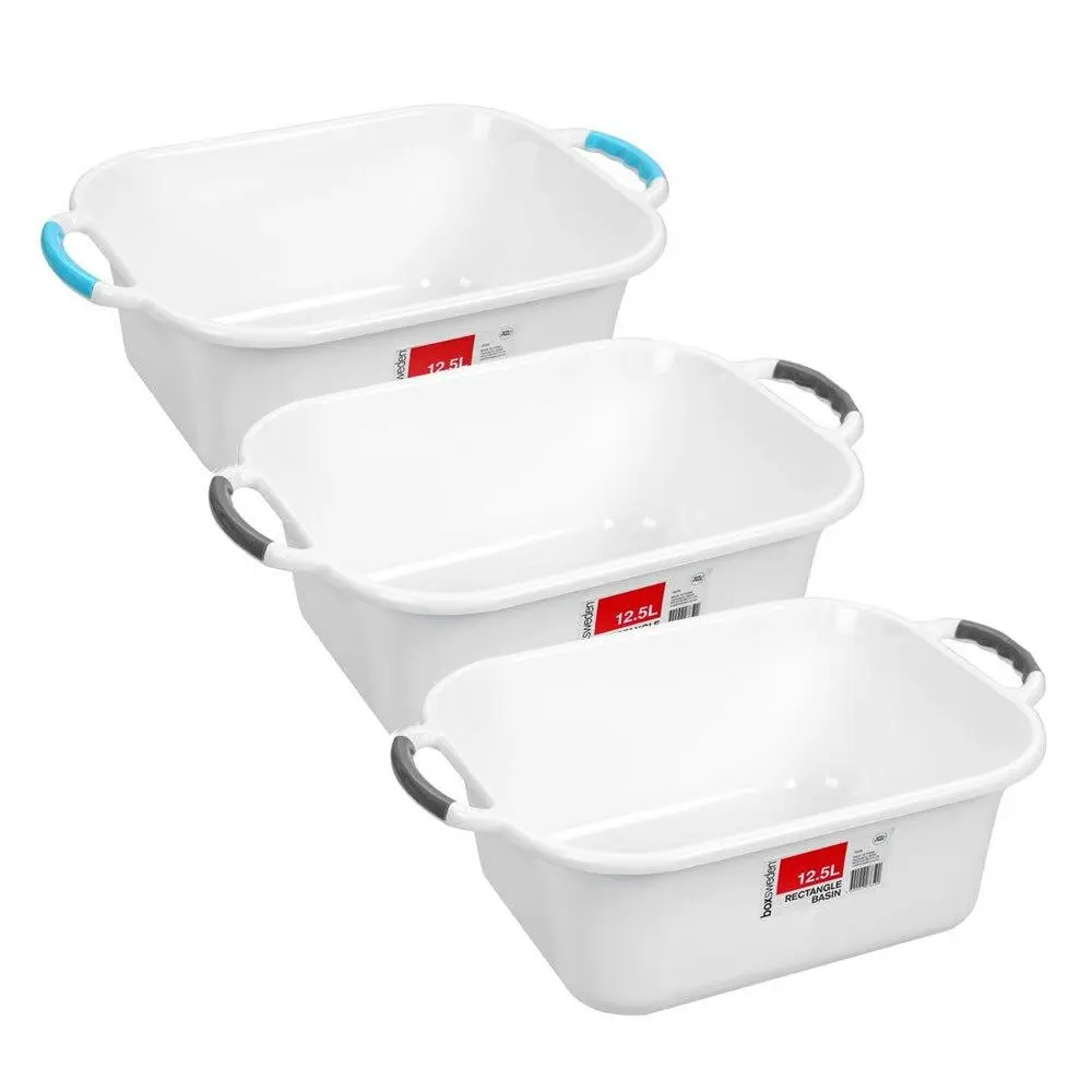 3x Boxsweden 12.5L Basin Rectangular w/ Handles Washing Bucket Storage Tub Asst - Home & Garden