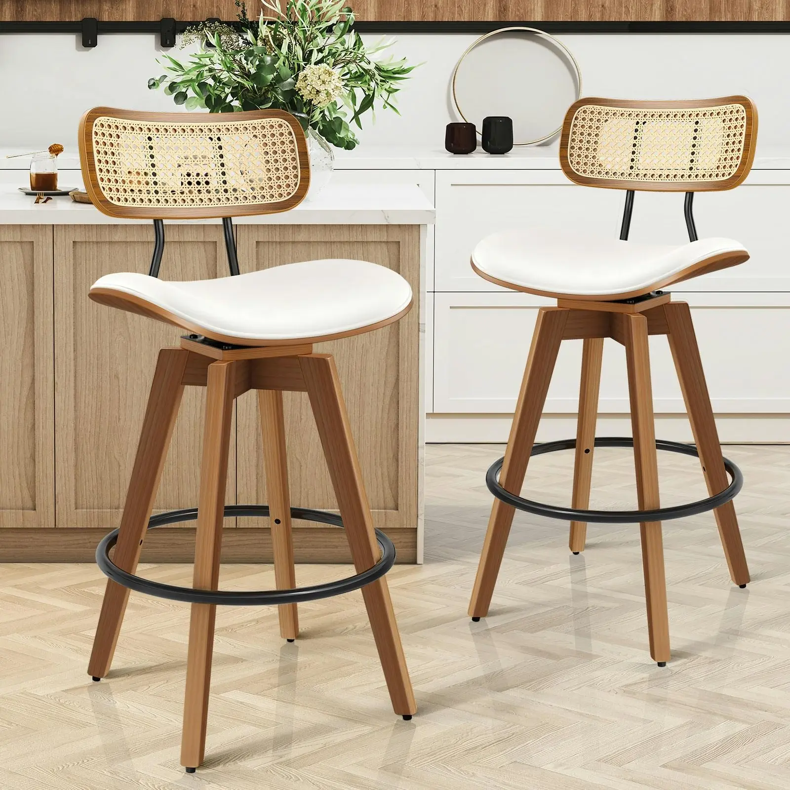 Alfordson 2x Bar Stools Kitchen Vintage Leather Seat Rattan Chair White - Furniture