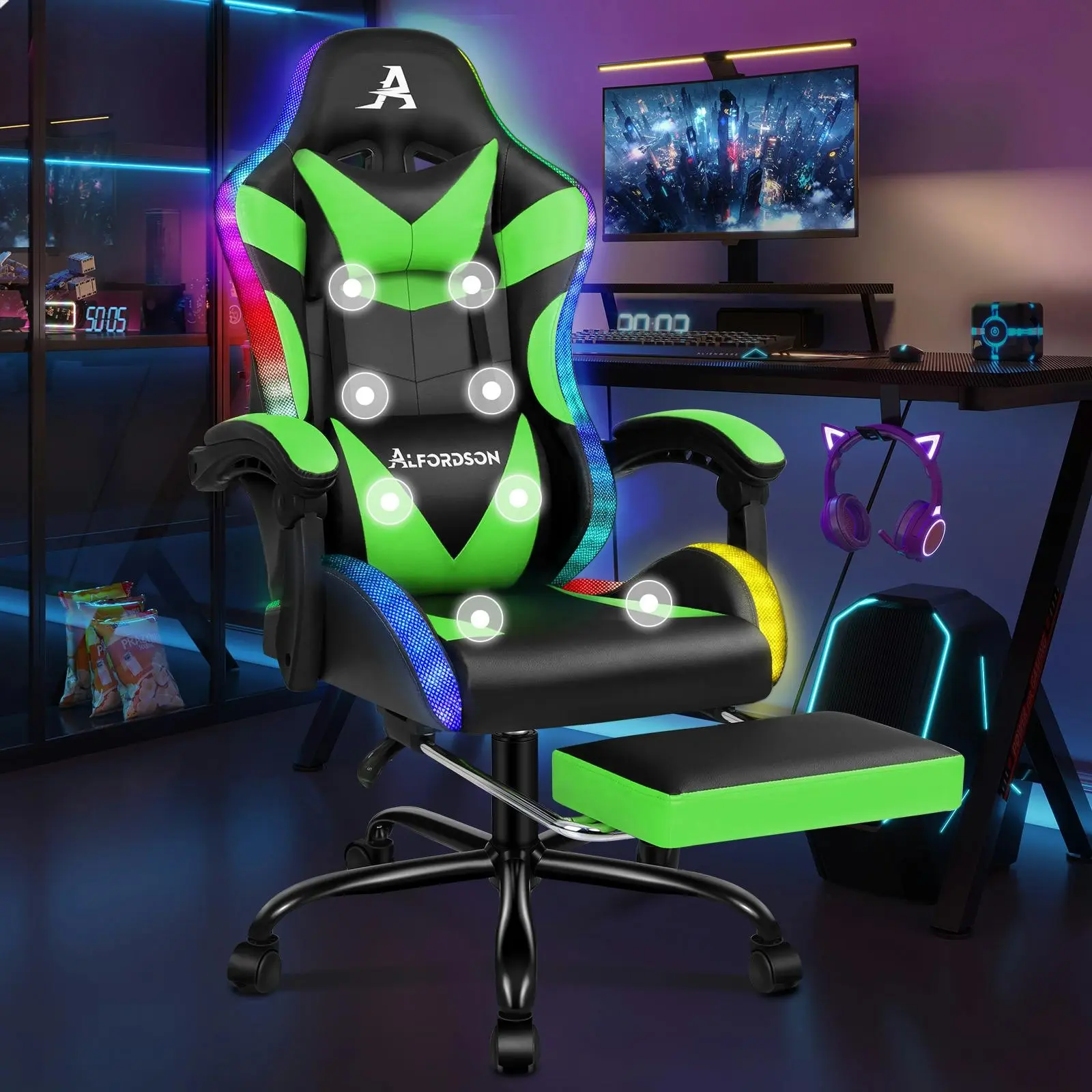 Alfordson Gaming Chair Office Massage 12 RGB LED Computer Seat PU Leather Green - Save up to 70% Off Office Furniture Specials