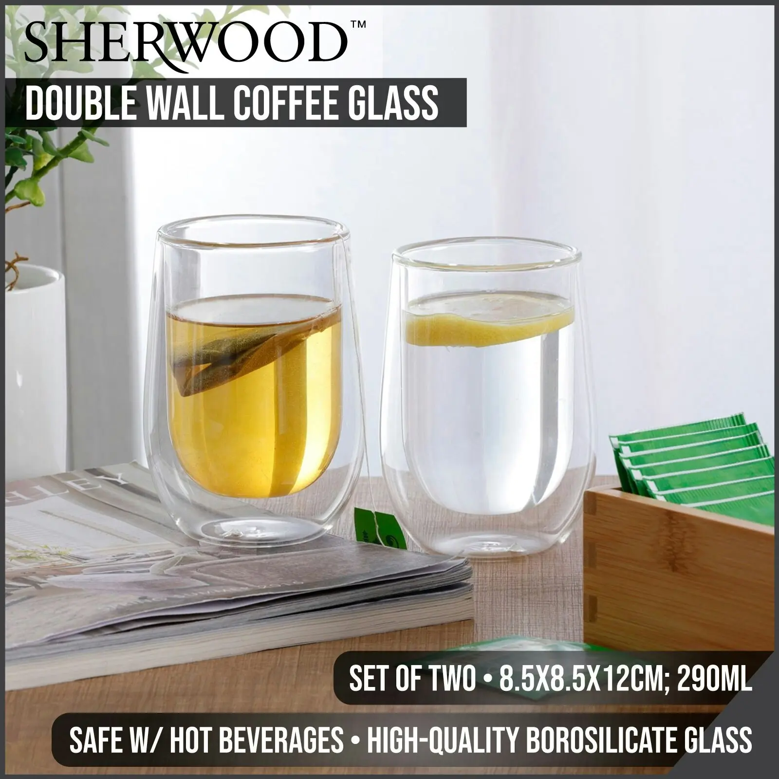Sherwood Home Double Wall Coffee Glass Set of 2 x 290ml Cups - Home & Garden