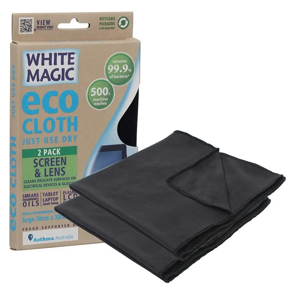 2pc White Magic 30x30cm Microfibre Eco Cloth For Device Screen/Glasses Lens BLK - Home & Garden
