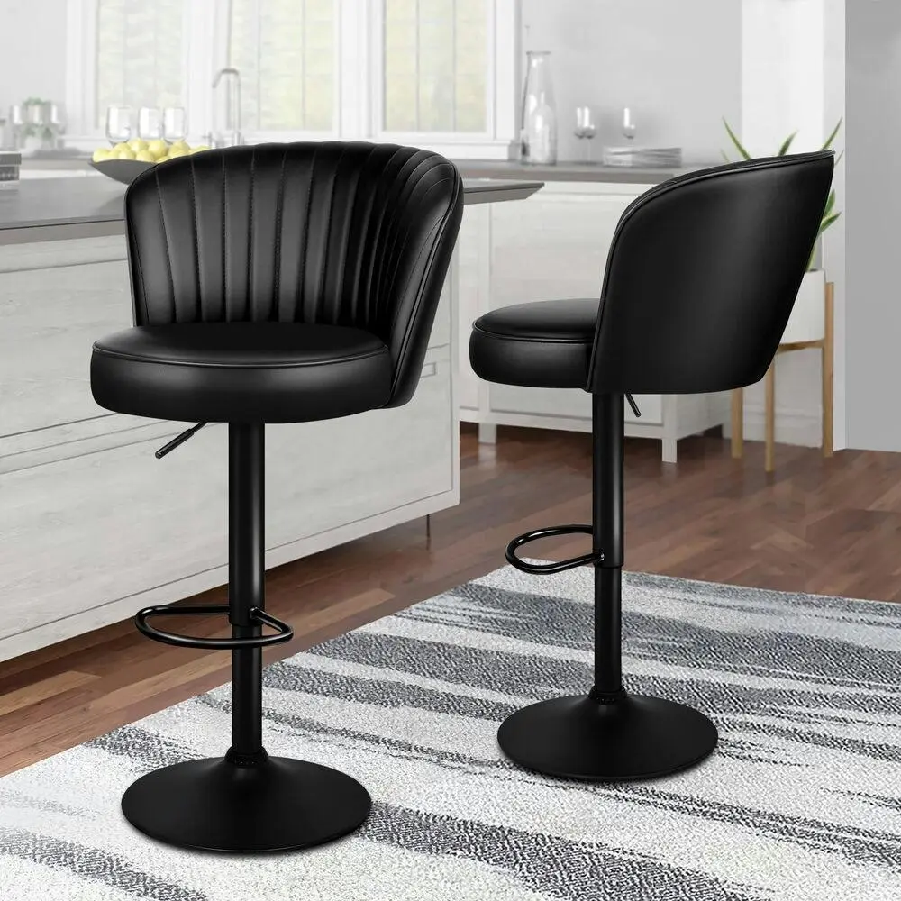 Alfordson 2x Bar Stools Gas Lift Leather Bar Chairs Kitchen Swivel Dylan ALL BLACK - Furniture