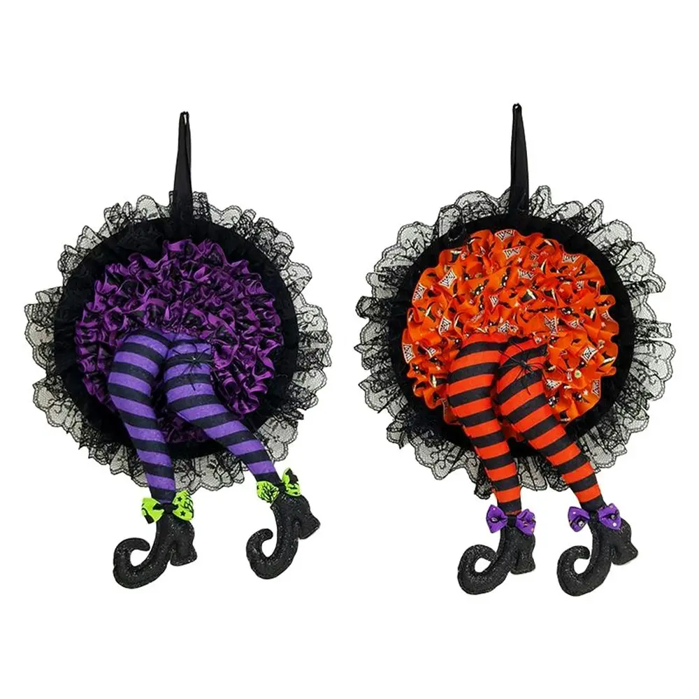 2Pcs Halloween Witch Wreath Witch Legs Garland with Lace Door Hanging Sign - Home & Garden