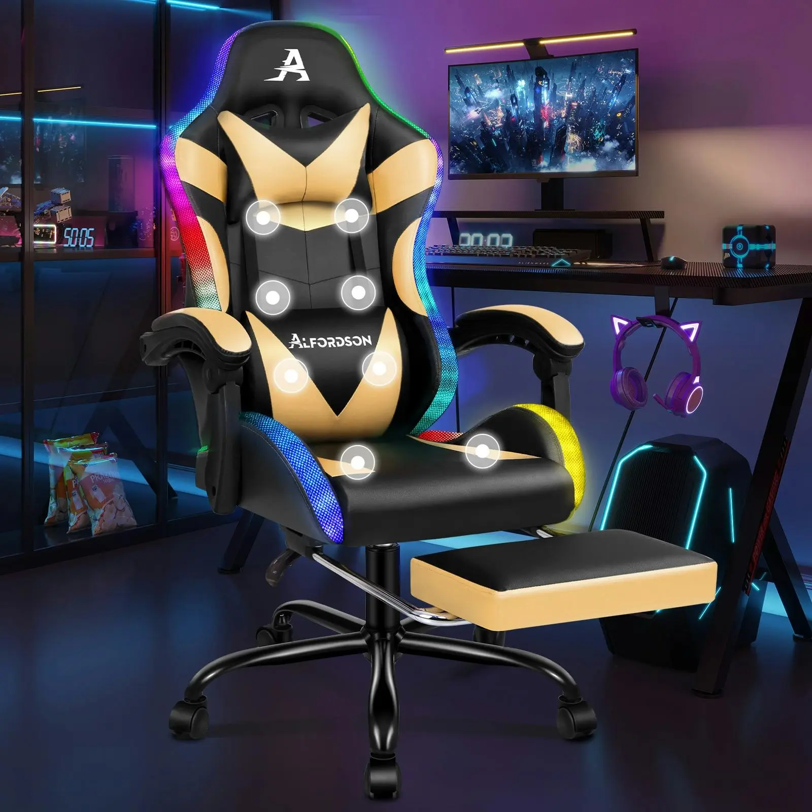 Alfordson Gaming Chair Office Massage 12 RGB LED Computer Seat PU Leather Gold - Furniture