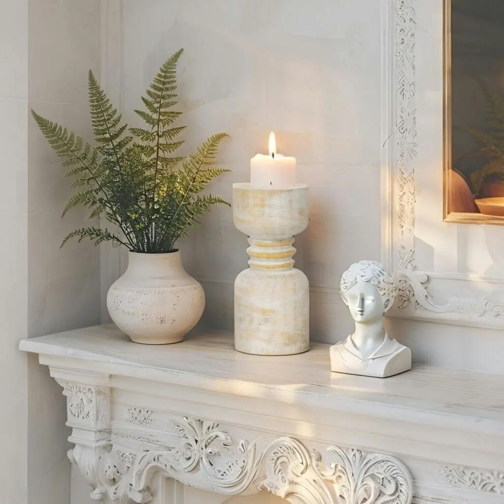 Willow & Silk Handmade Wooden 25cm Carved Whitewash Pillar Candle Holder - Home & Garden