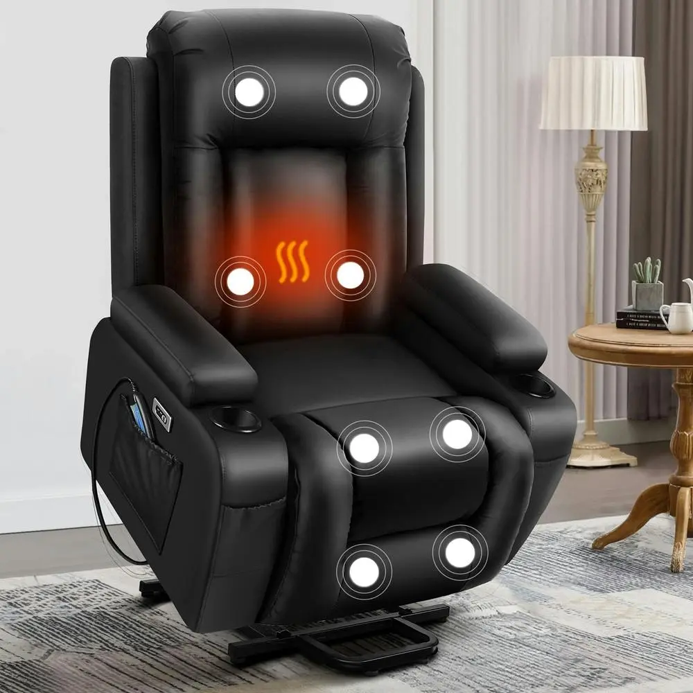 Alfordson Recliner Chair Electric Lift Heated Massage Armchair Black Leather - Over 40% off Living Room Furniture