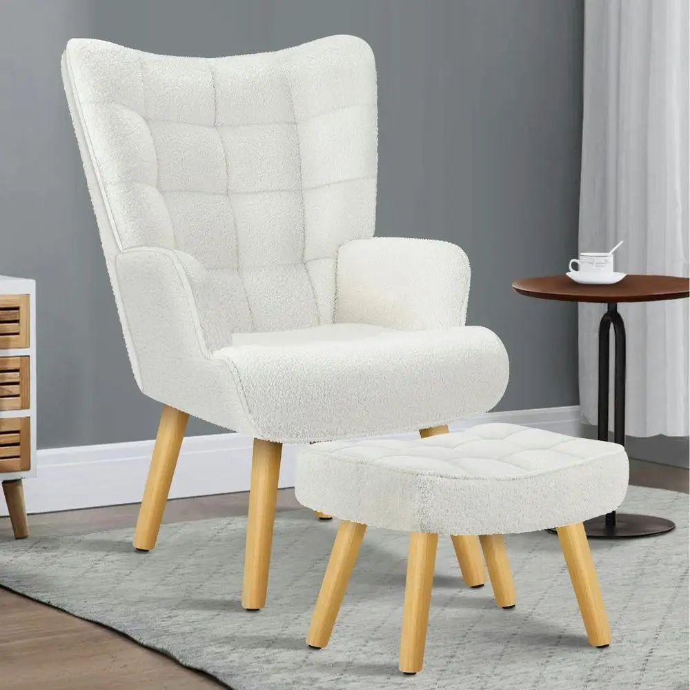 Alfordson Wooden Armchair Accent Chair Ottoman Boucle White - Over 40% off Living Room Furniture