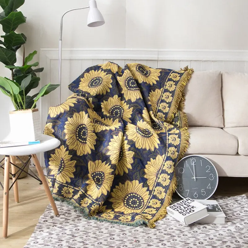 Slub PolyCotton Knitted Blanket Sunflower Pattern Sofa Bed Leisure Throw Rug 180x230cm - Home & Garden