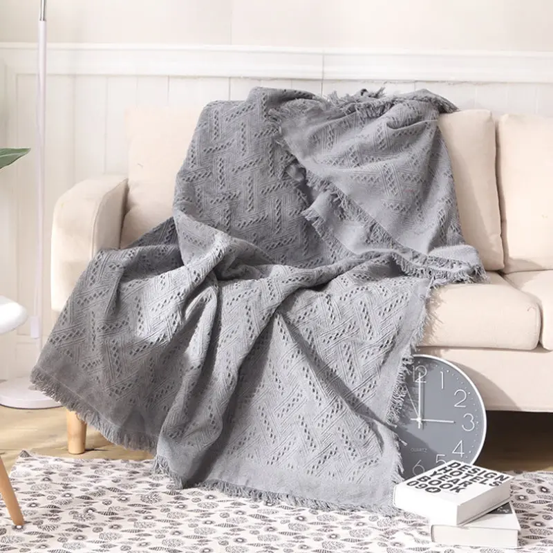 Slub PolyCotton Knitted Blanket Grey T Pattern Sofa Bed Leisure Throw Rug 180x230cm - Home & Garden