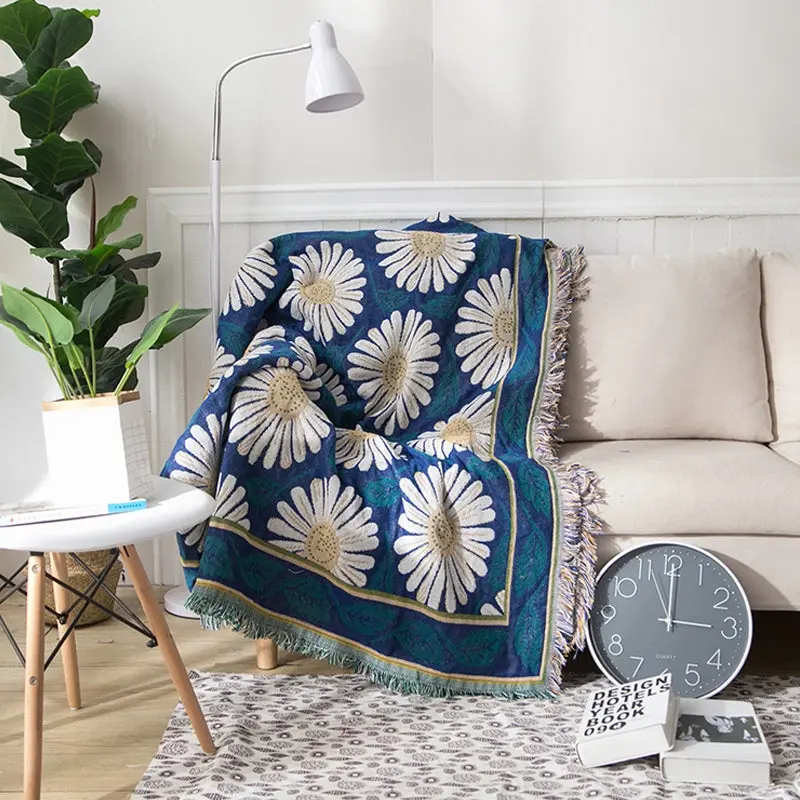 Slub PolyCotton Knitted Blanket Chrysanthemum Pattern Sofa Bed Leisure Throw Rug 180x230cm - Home & Garden