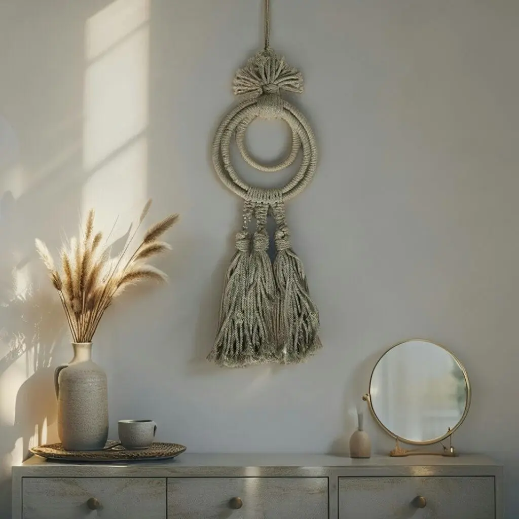 Willow & Silk 43cm Hanging 3 Ring Cotton Taupe Tassel Room Decor - Home & Garden