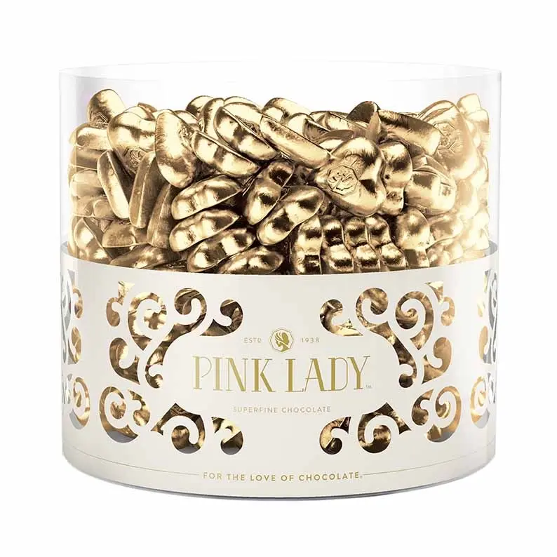 250pk Gold 8g Premium Milk Chocolate Pink Lady Foil Hearts in a Tub - Groceries