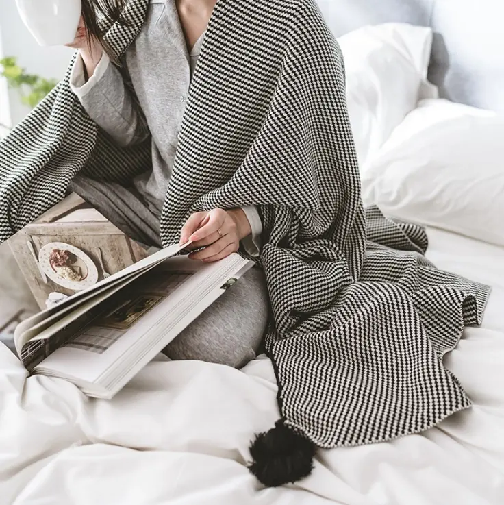 New Cotton Knitted Black Tassel Blanket Home Decor Striped Throw Rug 130x160cm - Home & Garden