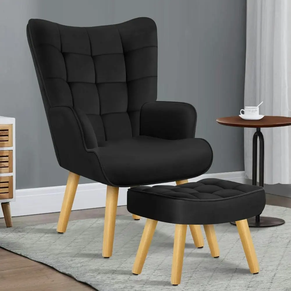 Alfordson Wooden Armchair Accent Chair Ottoman Velvet Black - Furniture