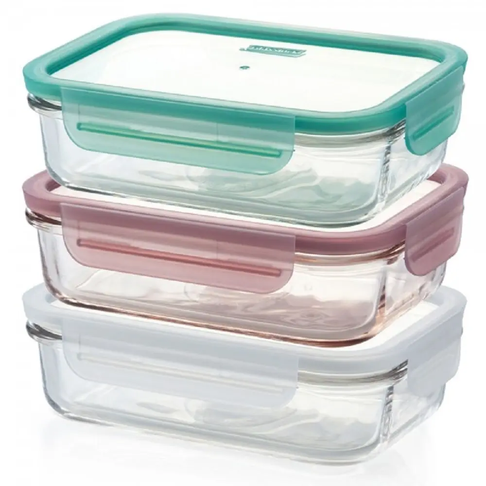 GLASSLOCK 3 PIECE RECTANGLE FOOD CONTAINER SET WITH LIDS 400ml - Home & Garden