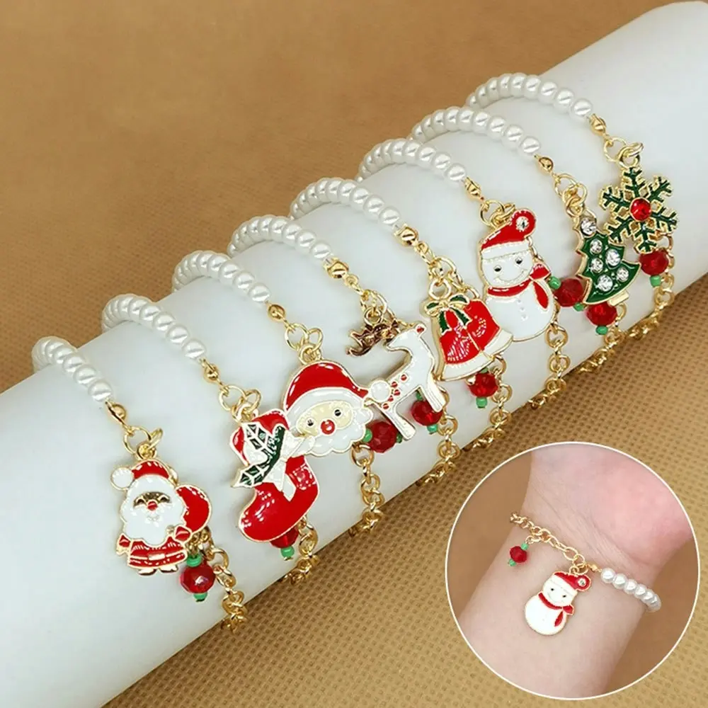 8Pcs Christmas Bracelets Gold Color Imitation Pearl Santa Claus Pendant Bracelet - Home & Garden