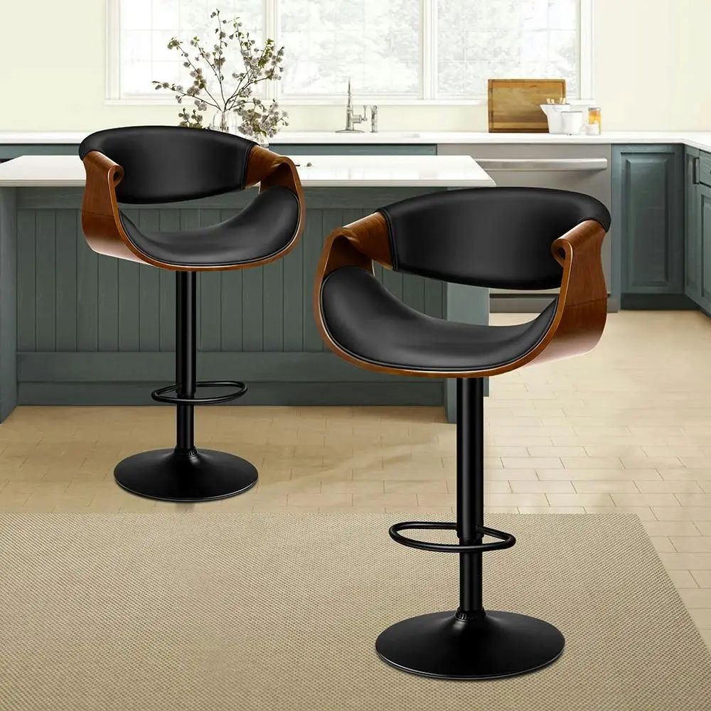 Alfordson 2x Bar Stool Kitchen Swivel Chair Wooden Leather Gas Lift Trice - Furniture