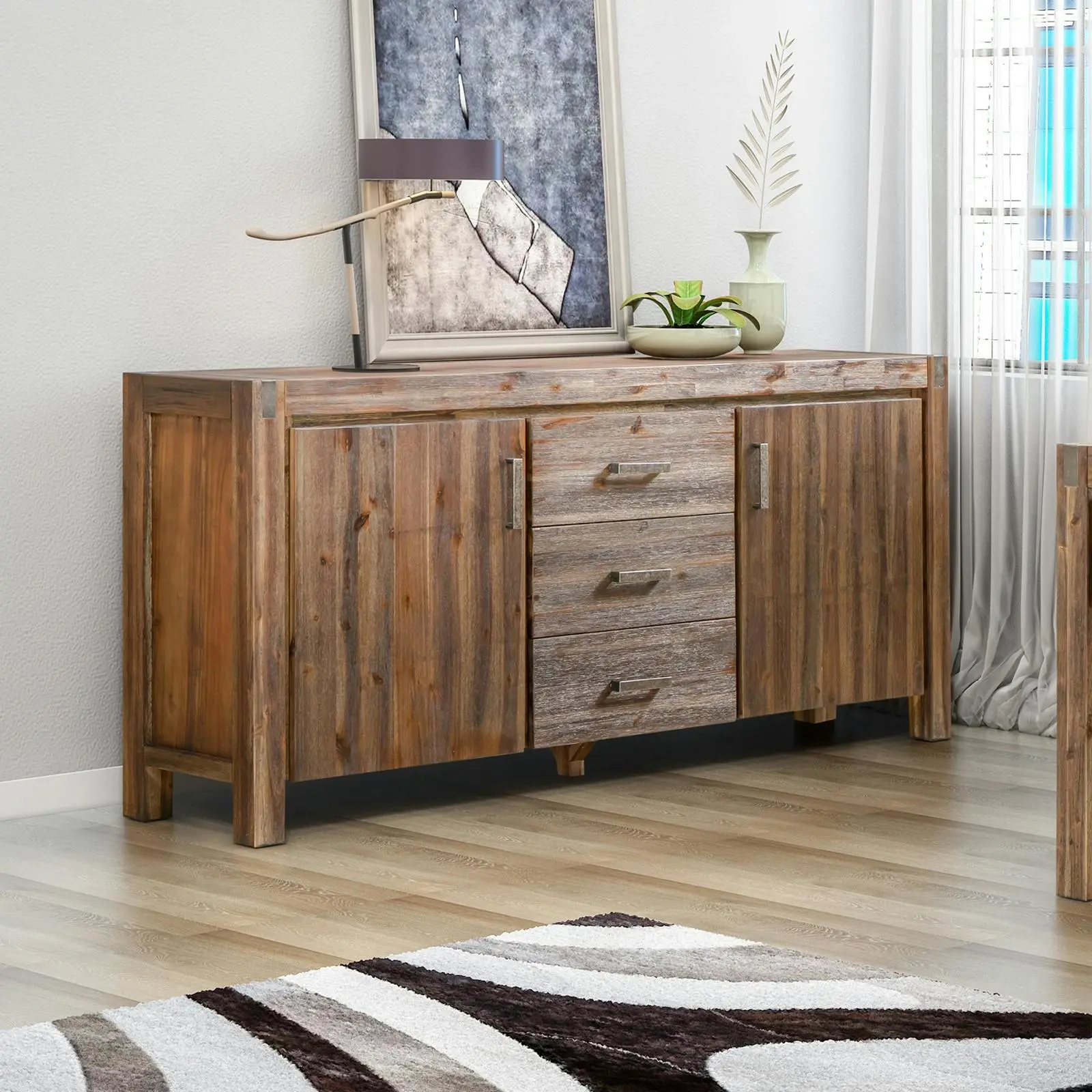 Buffet Sideboard in Chocolate Colour Constructed with Solid Acacia Wooden Frame Storage Cabinet with Drawers - Furniture