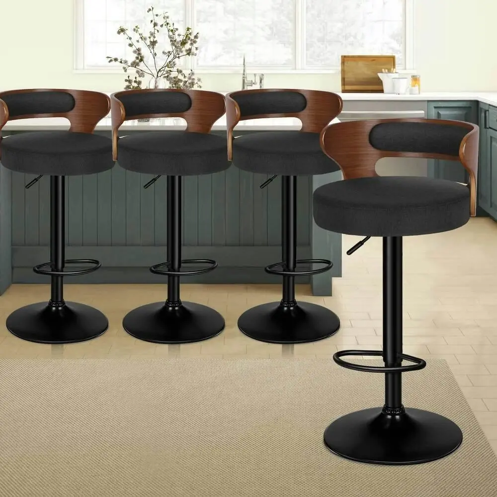Alfordson 4x Bar Stool Kitchen Swivel Chair Wooden Linen Fabric Reno Black - Furniture