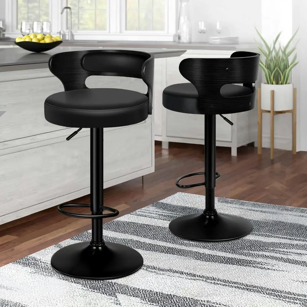 Alfordson 2x Bar Stool Kitchen Swivel Chair Wooden Leather Ramiro All Black - Shop Dining Chairs & Bar Stools