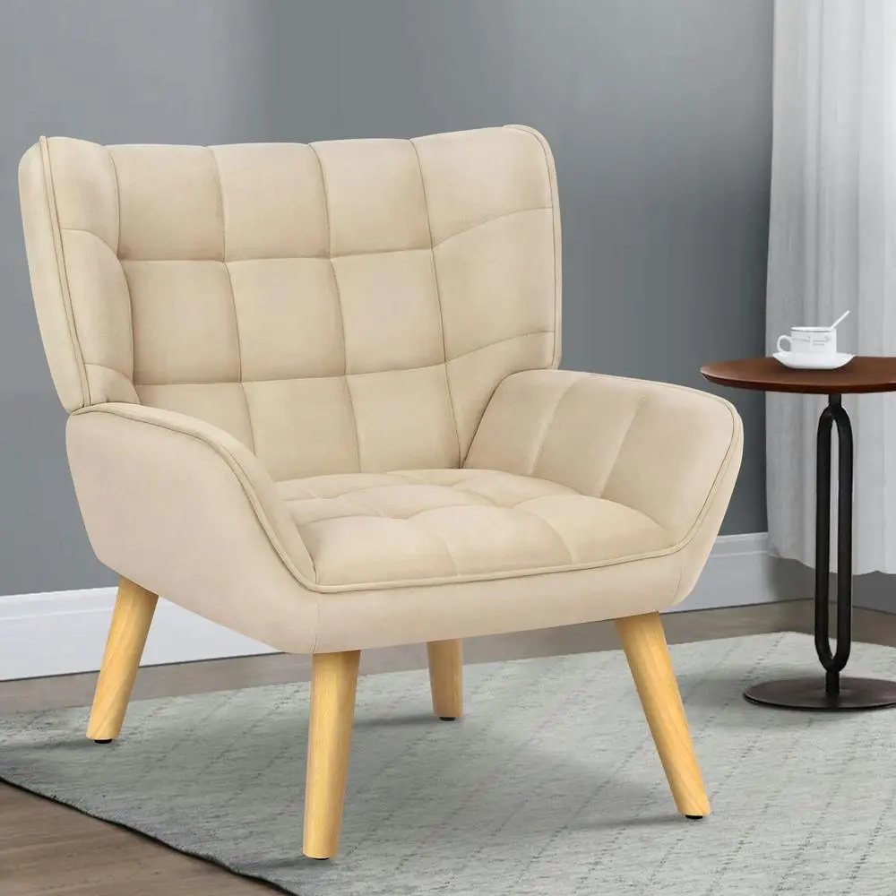 Alfordson Wooden Armchair Tub Chair Velvet Beige - Furniture