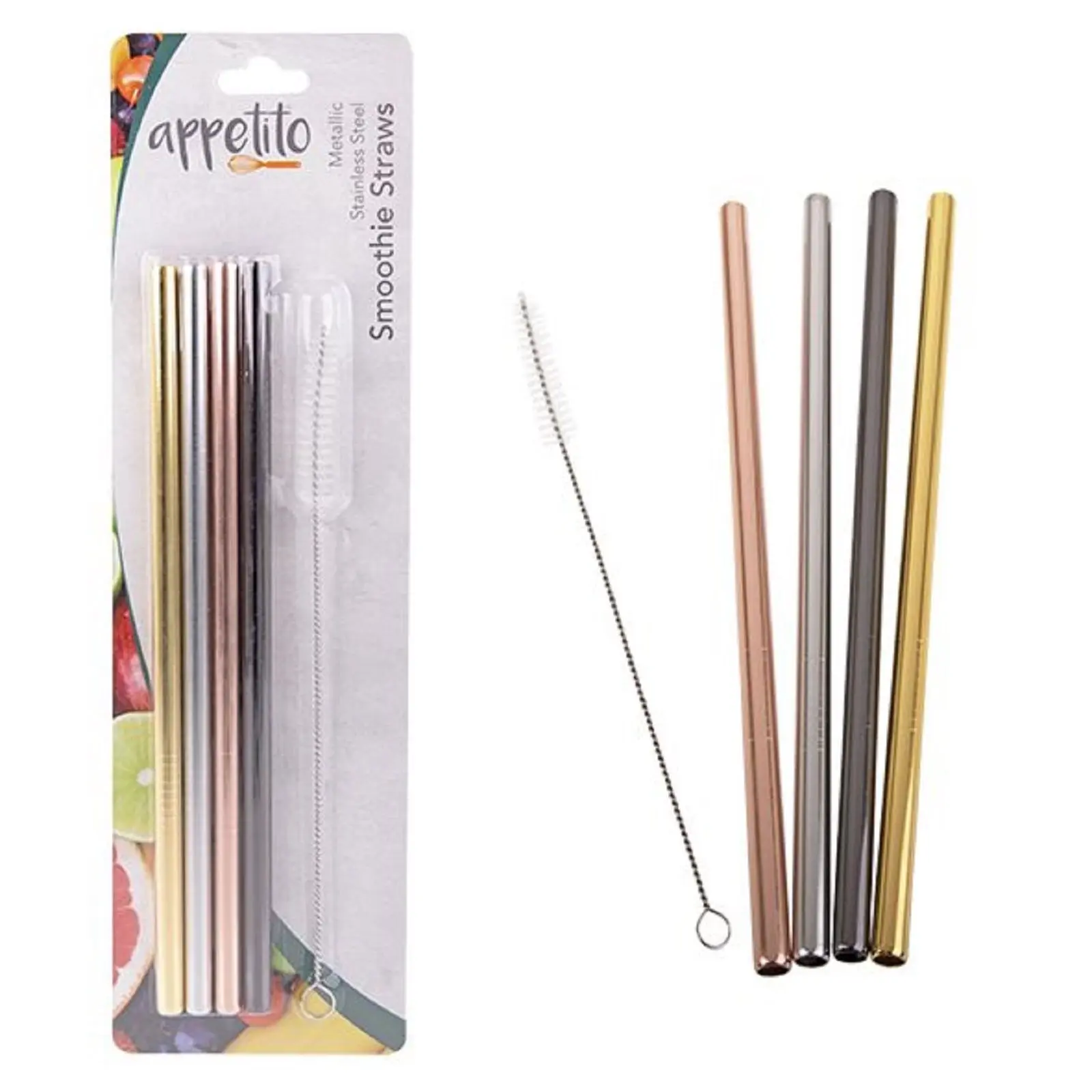 APPETITO SET 4 STRAIGHT METALLIC STAINLESS STEEL STRAWS + CLEANING BRUSH - Home & Garden