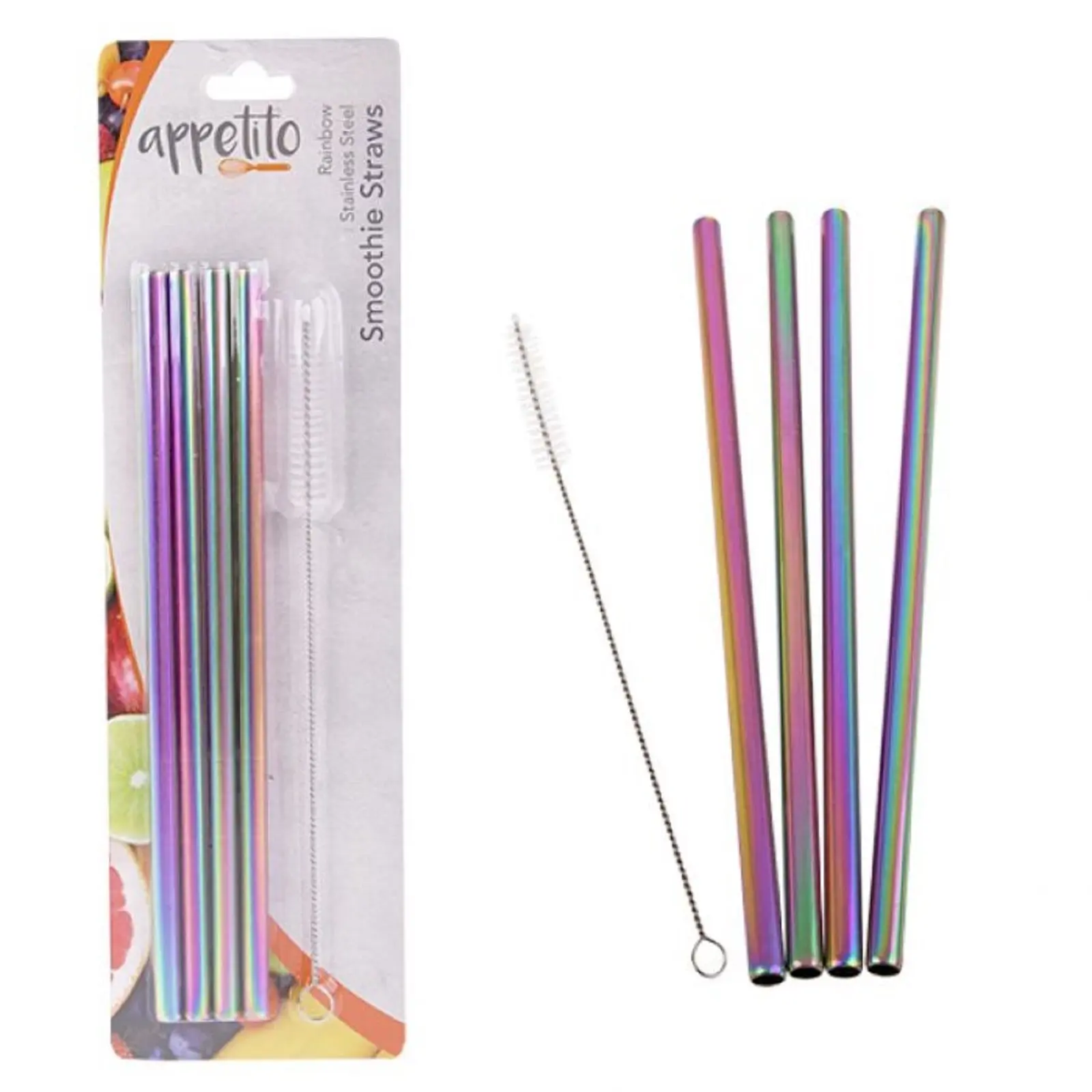 APPETITO SET 4 STRAIGHT METALLIC RAINBOW STAINLESS STEEL STRAWS + CLEANING BRUSH - Home & Garden