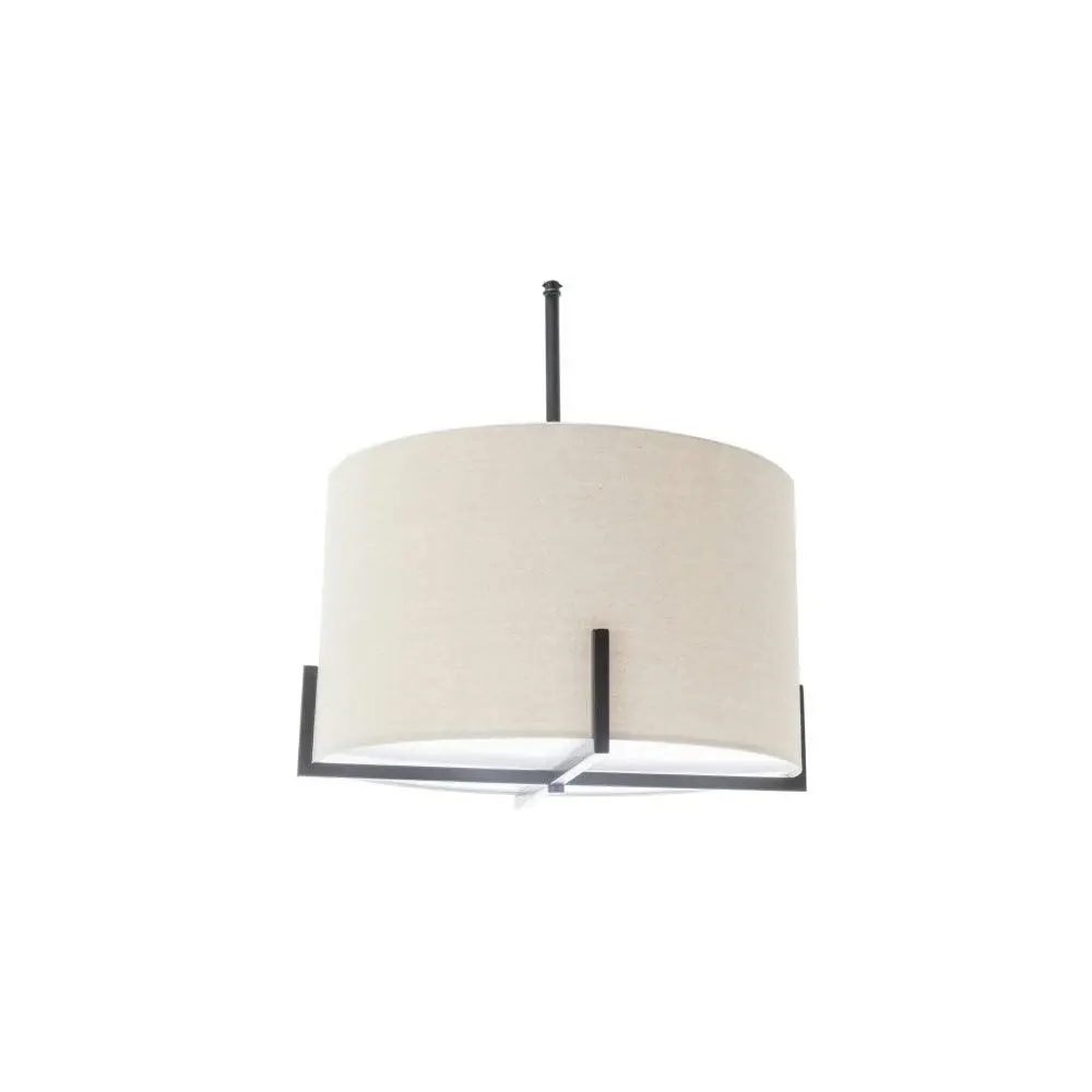 New Oriental Kay Matte Black Square-Edged Metal Pendant Hanging Lamp Beige Linen Shade