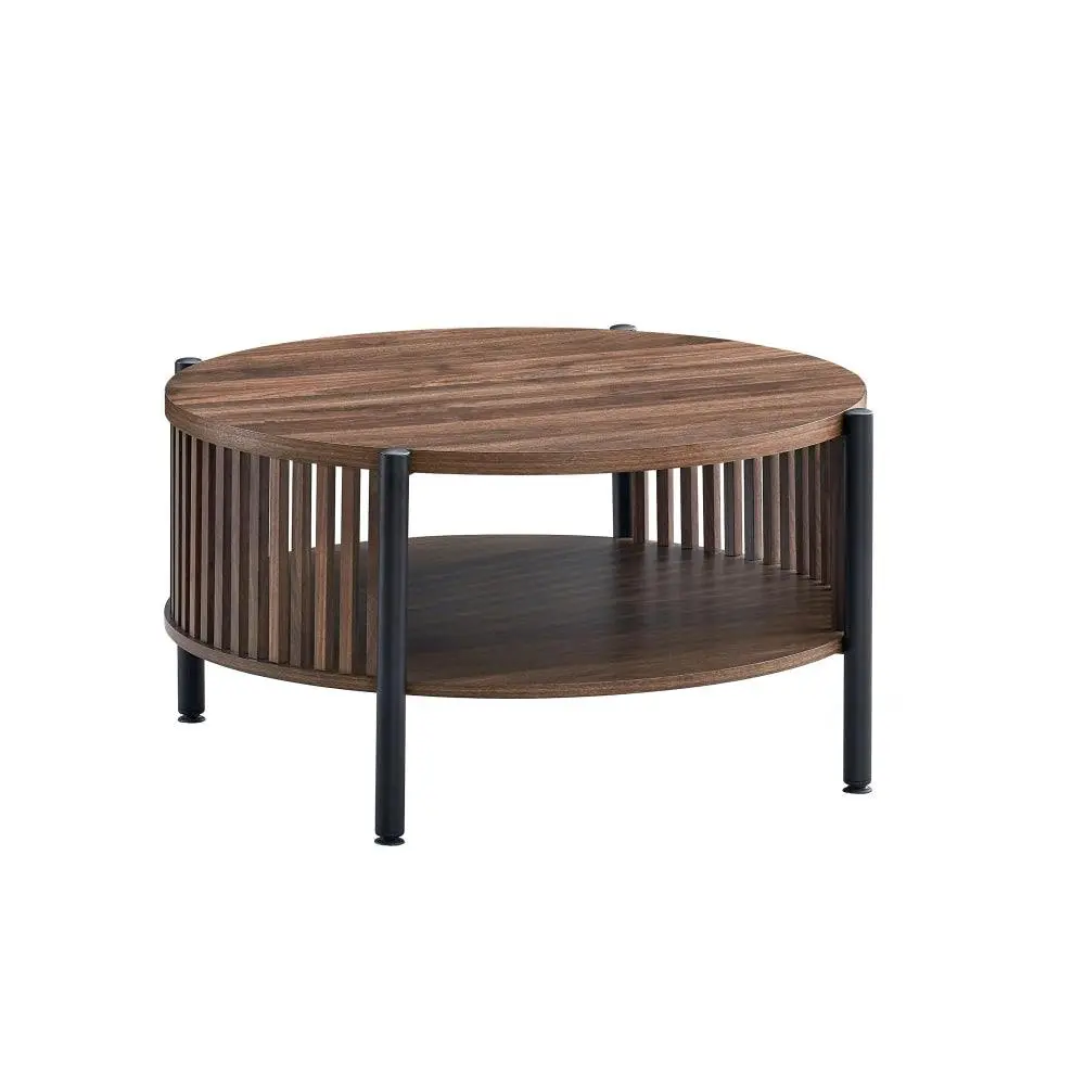 Design Square Ailana Wooden Round Open Shelf Coffee Table 80cm Slat Walnut - Furniture