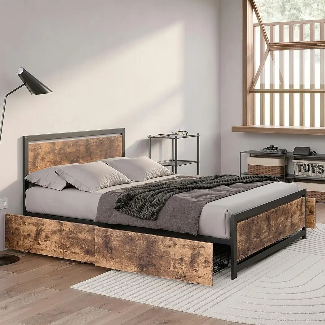 Levede Queen Bed Frame Industrial Mattress Base Wooden 4 Storage Drawers - Furniture