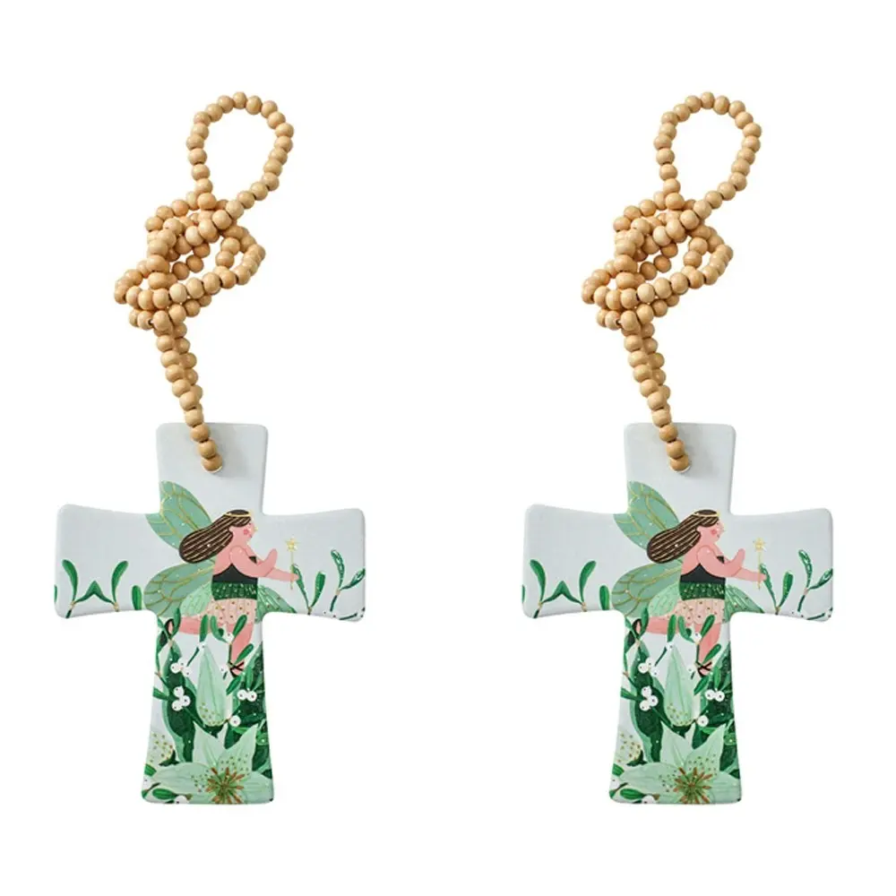 2x Ceramic/Wood Hanging 14cm Cross Fairy w/Beads Ornament Home/Office Room Decor - Home & Garden