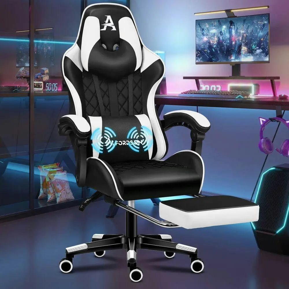 Alfordson Gaming Chair PU Leather with Footrest Black & White - Furniture