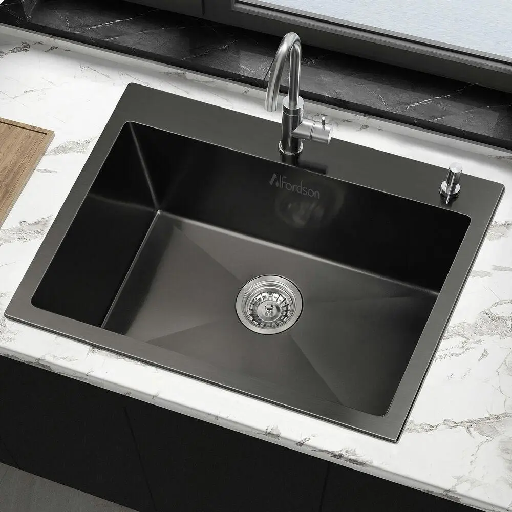 Alfordson Kitchen Sink Stainless Steel Drop in Flush Single Bowl 600X450MM Black - Hardware