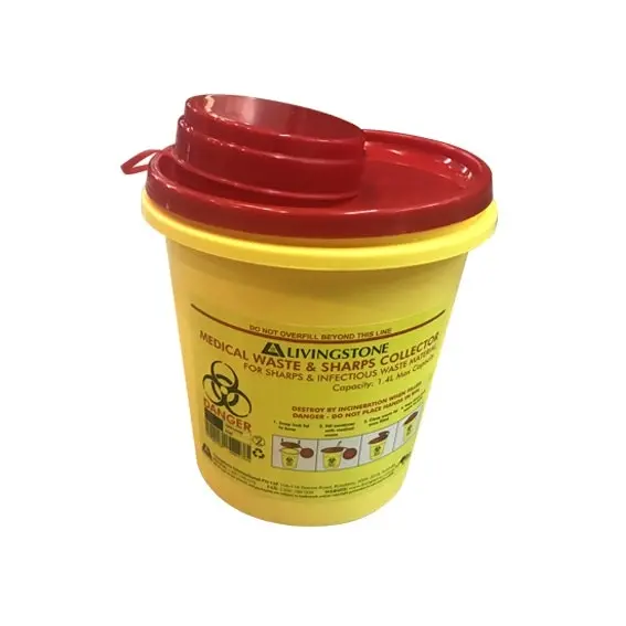 Livingstone Needles Sharps Waste Collector 1.4L with Clip Lid and Finger Guard Round Plastic Yellow 20 Carton - Commercial