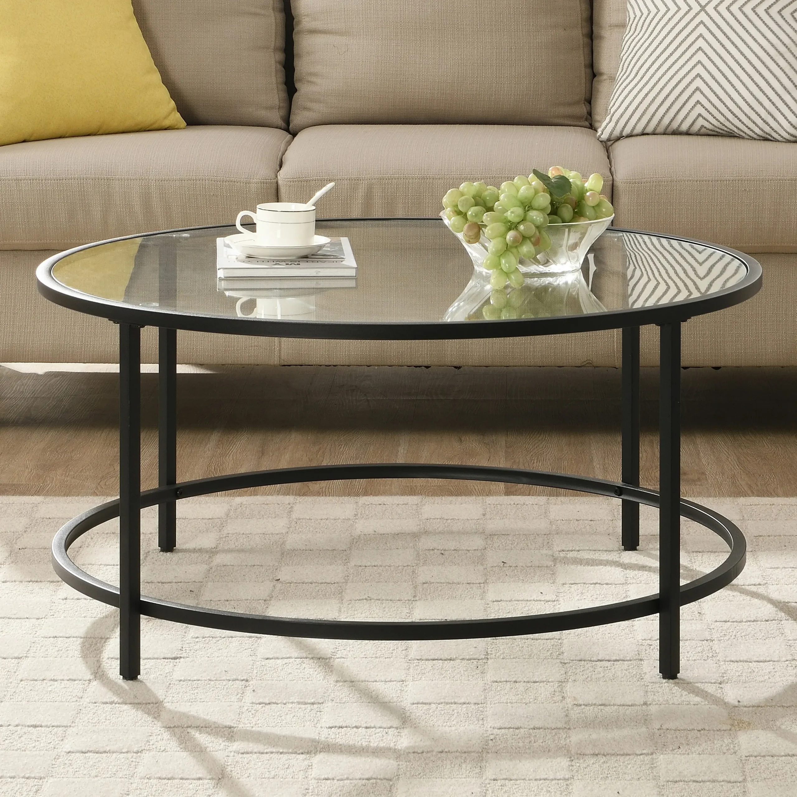 IHOMDEC Round Coffee Tables Metal Frame with Top Tempered Glass Black/Transparent - Furniture