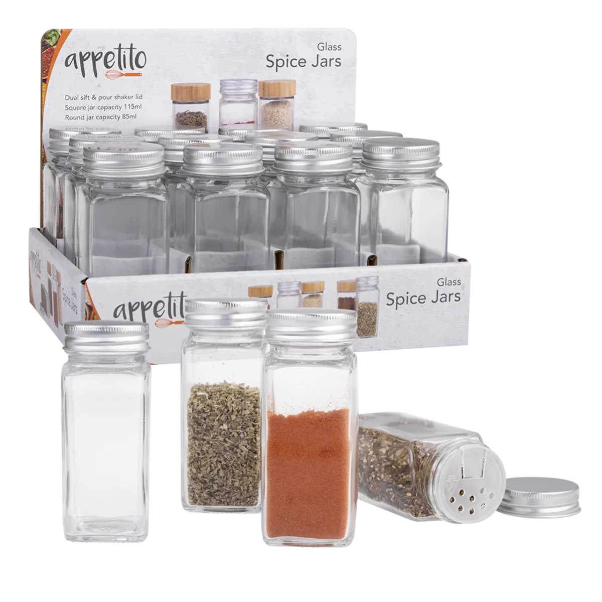 APPETITO GLASS SQUARE SPICE JAR WITH METAL LID - Set of 6