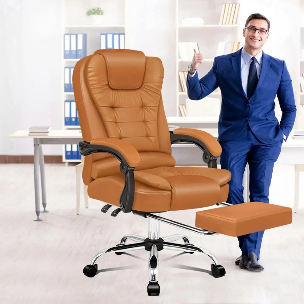 Alfordson Office Chair Executive PU Leather Seat with Footrest Brown - Furniture