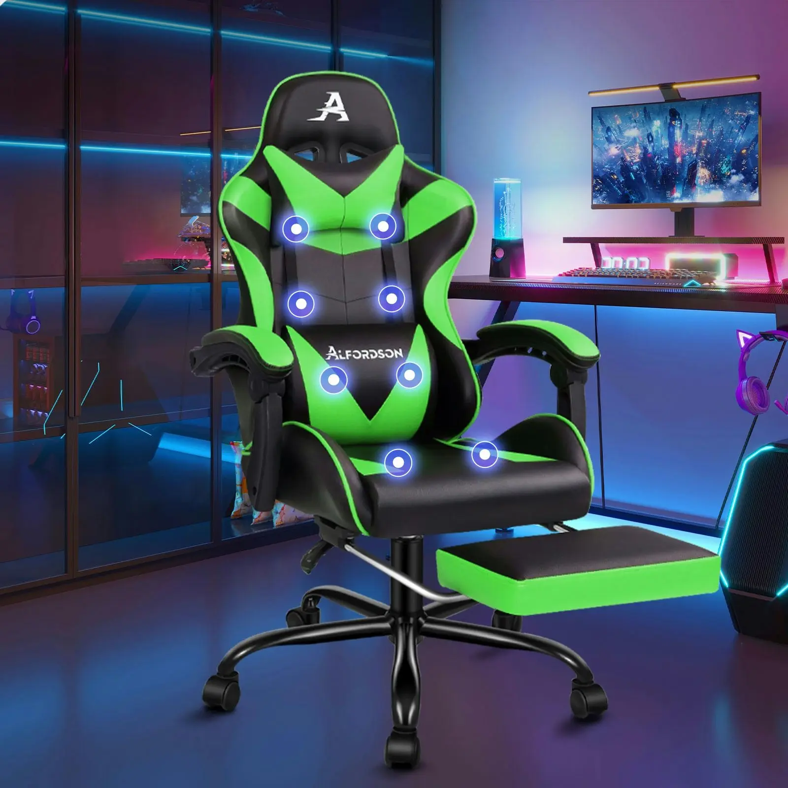 Alfordson Gaming Chair Office Massage Computer Racing Seat PU Leather Green - Save up to 70% Off Office Furniture Specials