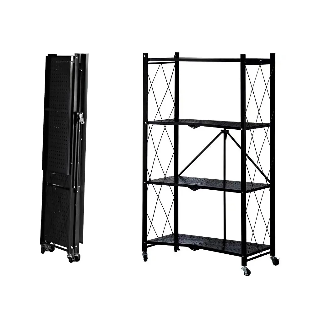 Foret Bookshelf Foldable Shelf Metal Display Rack Kitchen Shelves Wheels Storage 4 Tier - Furniture