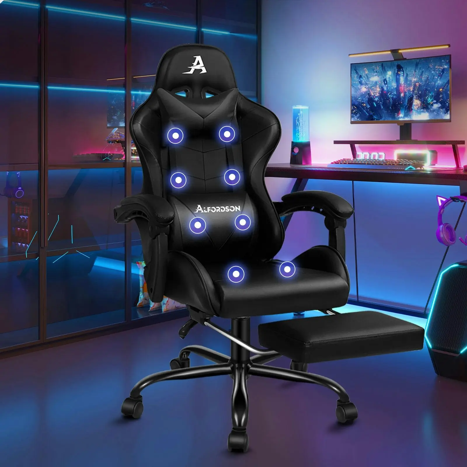 Alfordson Gaming Chair Office Massage Computer Racing Seat PU Leather Black - Furniture
