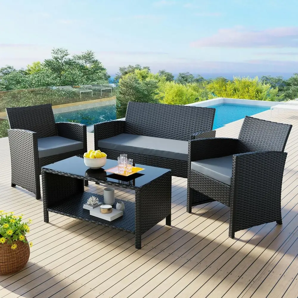 Alfordson Outdoor Furniture 4PCS Patio Wicker Set Black - Up to 65% off Outdoor Furniture
