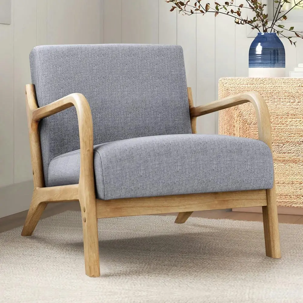 Alfordson Wooden Armchair Lounge Chair Fabric Seat Light Grey - Over 40% off Living Room Furniture