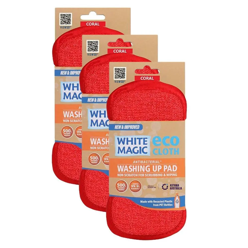 3x White Magic Double-Sided Dish Washing Up Pad Cleaning Sponge Scrubbing Coral