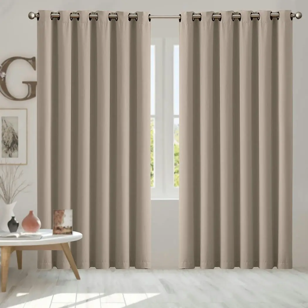 Traderight Group 2x Blockout Curtains Panels 3 Layers Eyelet Room Darkening 240x230cm Beige - Home & Garden