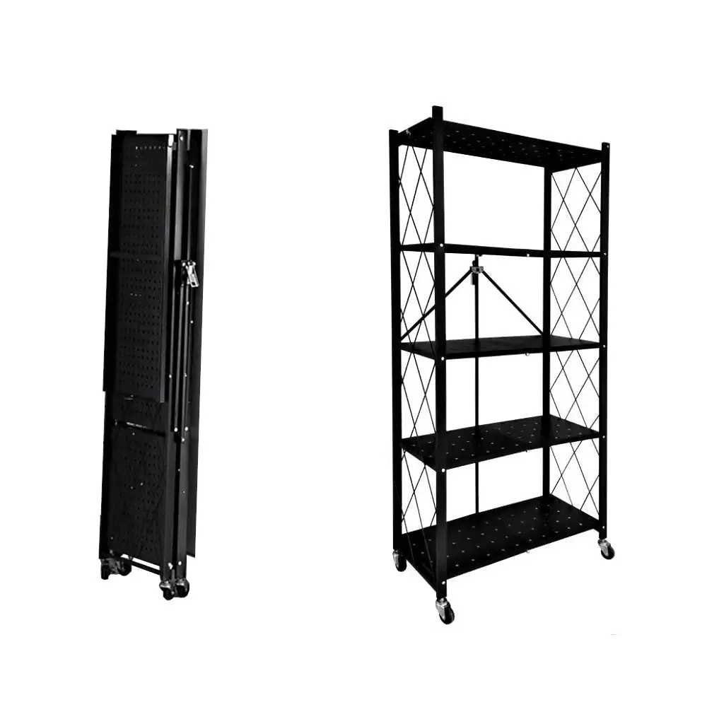 Foret Bookshelf Foldable Shelf Metal Display Rack Kitchen Shelves Wheels Storage 5 Tier - Furniture