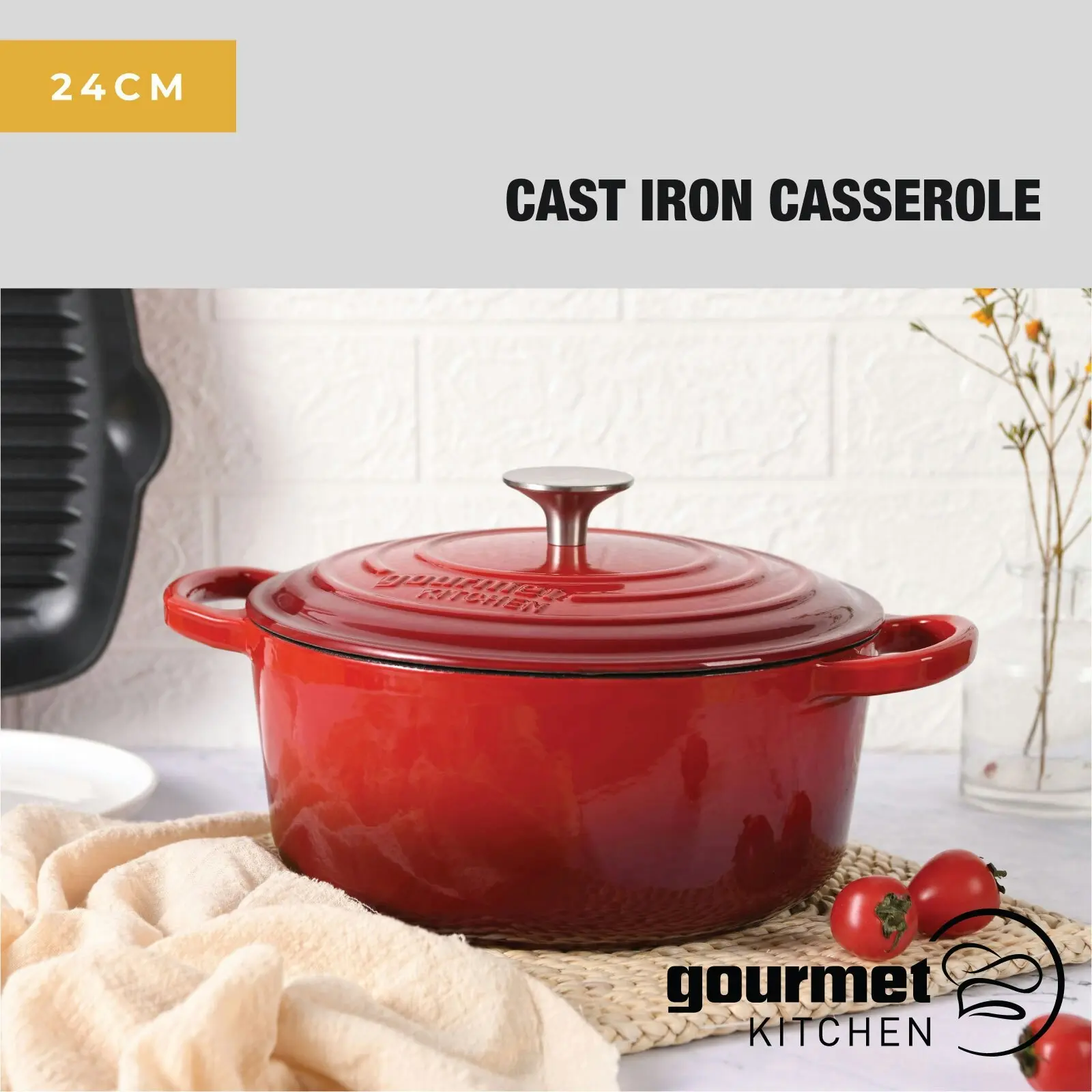Gourmet Kitchen Cast Iron Casserole 24cm Black Cherry Red - Home & Garden