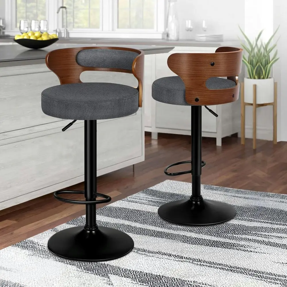 Alfordson 2x Bar Stool Kitchen Swivel Chair Wooden Linen Fabric Ramiro Grey - Furniture