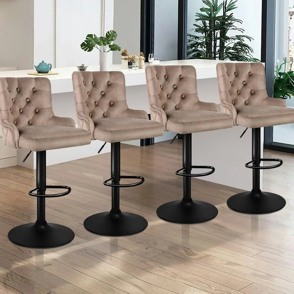 Alfordson 4x Bar Stools Gas Lift Velvet Bar Chairs Kitchen Swivel Bella BROWN - Furniture